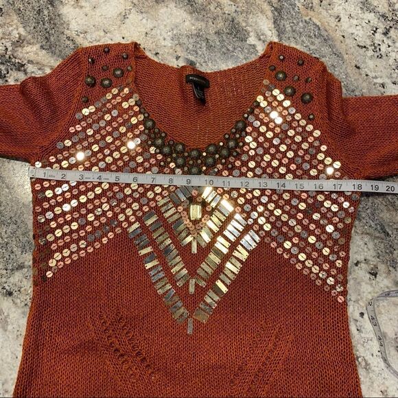 BCBGMaxazria embellished loose knit 3/4 sleeve tunic rustic burnt orange Large - Picture 9 of 10